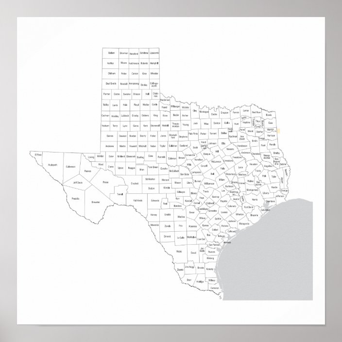Texas Counties Map With County Names Poster 8695