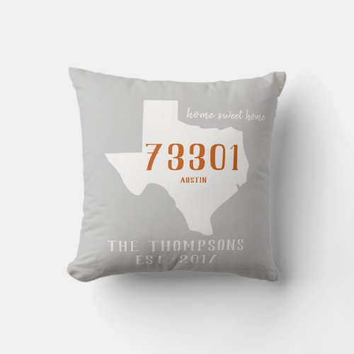 Texas Custom Town Zip Code Home Pillow Orange Gray