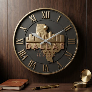 Texas Dallas Skyline Gold Black Large Clock