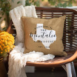 Texas Family Monogram State Throw Pillow<br><div class="desc">Modern farmhouse throw pillow personalized with your family name inside your state map. Faux burlap canvas texture background (please note pillow covers are not made of burlap material). Click the Customize It button to add your own text and select from all of our pillow styles to create your own unique...</div>