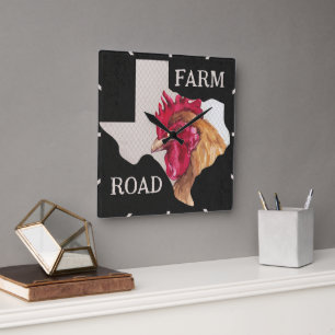 Texas Farm Road Chicken Square Wall Clock