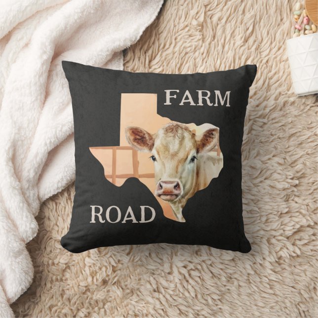 Texas Farm Road Cow Throw Pillow (Blanket)