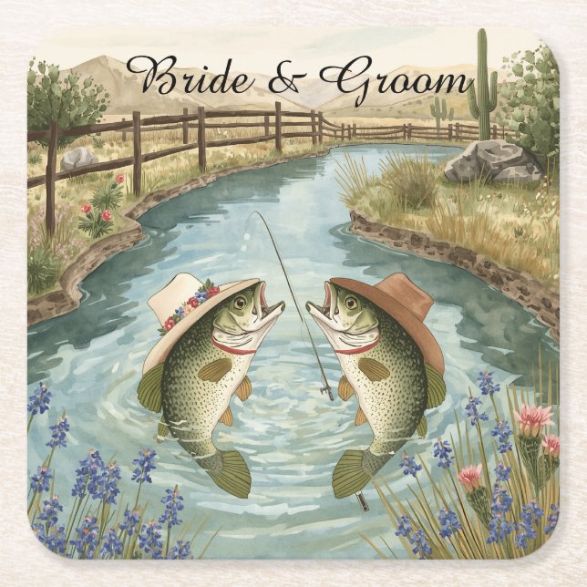 Texas Fishing Wedding  Square Paper Coaster (Front)