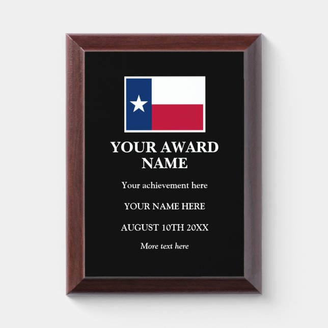 Texas flag custom award plaque for achievements (Vertical)