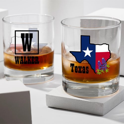 Texas Flag  Flower Bluebonnet with Custom Name  Whiskey Glass