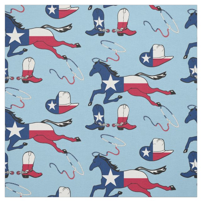 Texas Flag Horses Hats And Boots lt blue Fabric (Swatch)