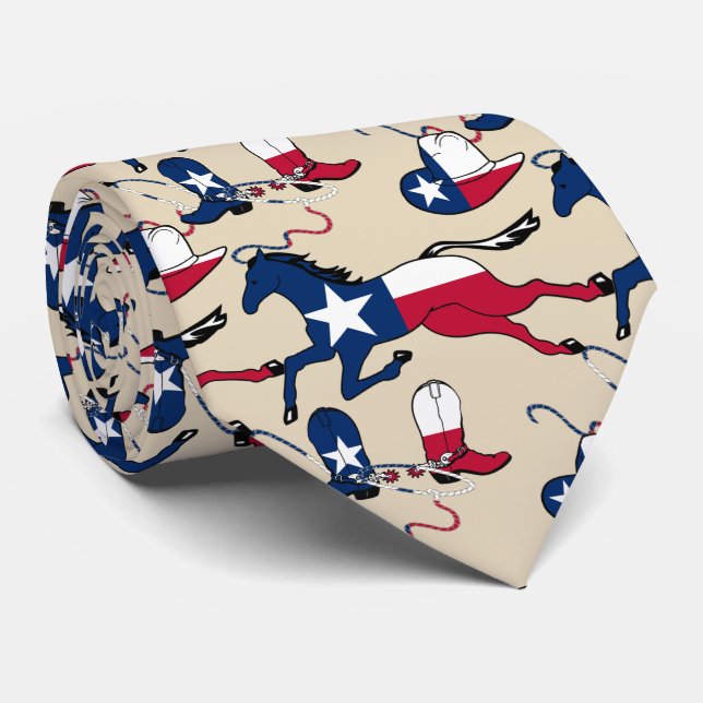 Texas Flag Print Horse Cowboy Boots And Hats Tie (Rolled)