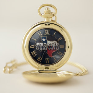 Texas Flag Strong Typographic Gold Trim Pocket Watch
