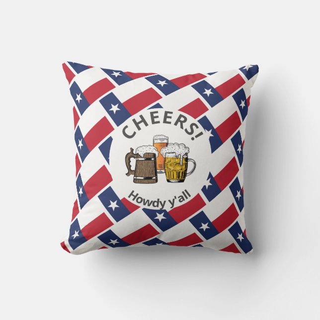 TEXAS FLAG Texan 3 Cheers Cartoon Beer Throw Pillow (Front)