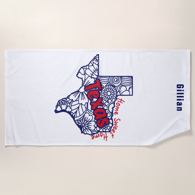 Texas Floral Doodles Personalized Beach Towel (Front)