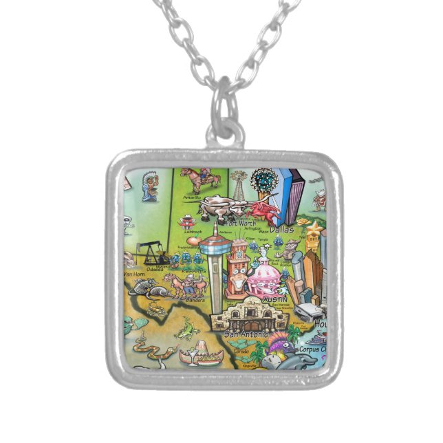 Texas Fun Map Silver Plated Necklace (Front)