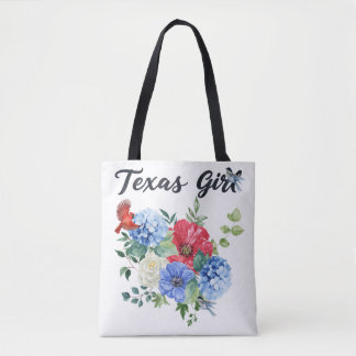 Texas Girl with Red/White/Blue Flowers & Birds Tote Bag