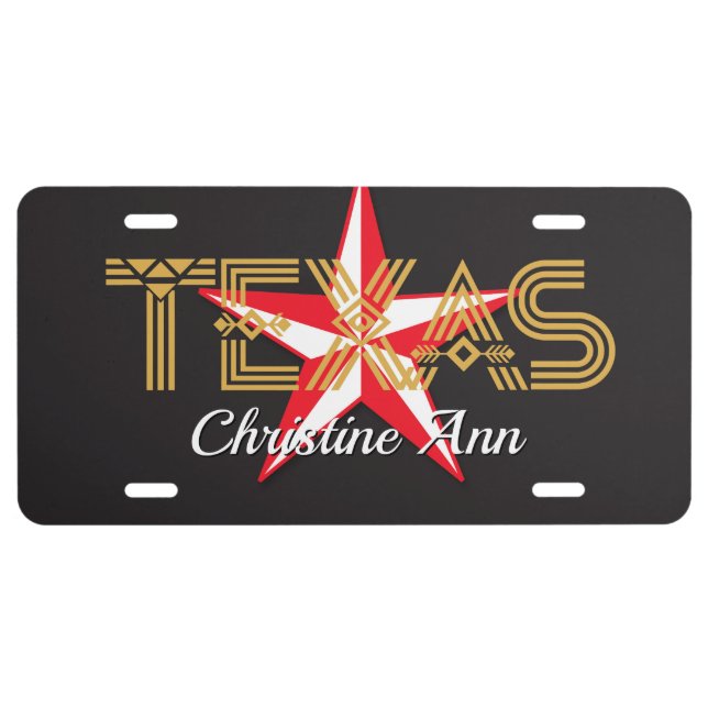 "Texas" Gold Letters, Red & White Star - DIY Name License Plate (Front)
