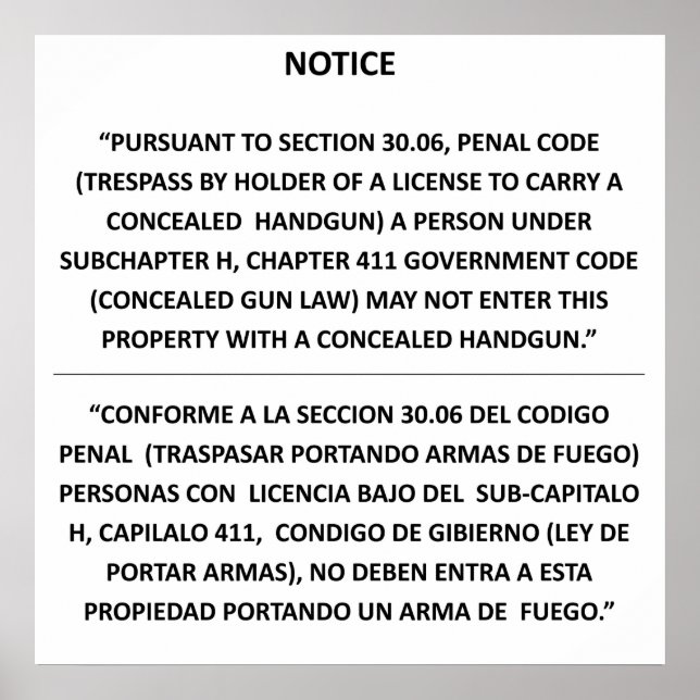 Texas Gun Law - Basic White - Concealed Carry Poster (Front)