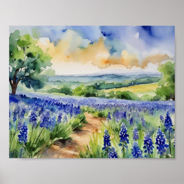 Texas Hill Country Blue Bonnet Watercolor Poster (Front)