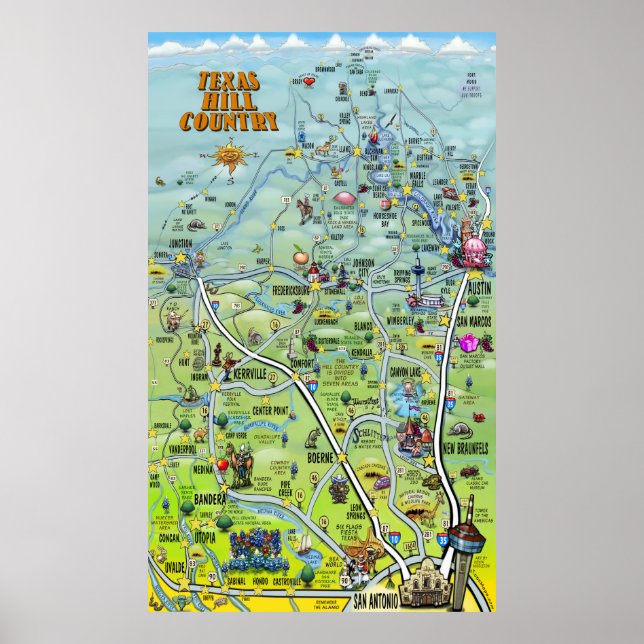 Texas Hill Country Cartoon Map Poster (Front)