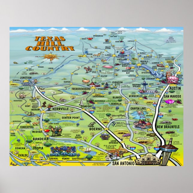Texas Hill Country Cartoon Map Poster (Front)