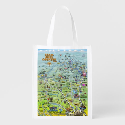 Texas Hill Country Cartoon Map Reusable Grocery Bag