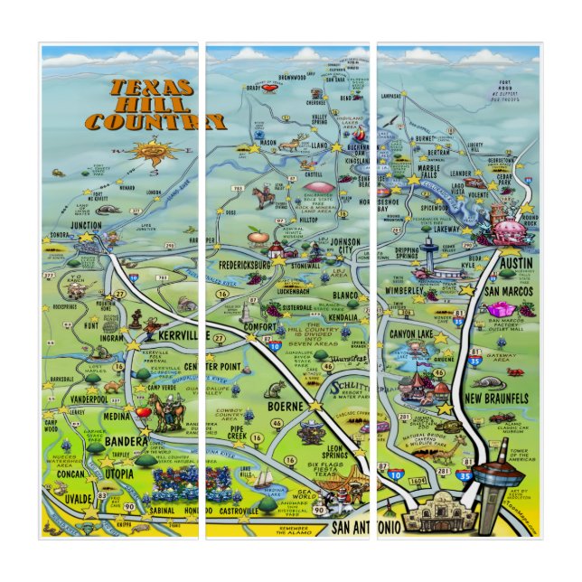 Texas Hill Country Cartoon Map Triptych (Front)