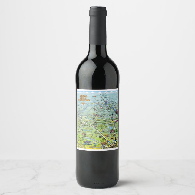 Texas Hill Country Cartoon Map Wine Label (Front)