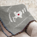 Texas Home State Personalized Throw Blanket<br><div class="desc">Show some home state pride with this cute rustic gray throw blanket featuring "home" in white calligraphy script lettering with a silhouette map of the state of Texas standing in for the letter "O." A pink heart illustration inside the state map completes the design; you can change the position of...</div>