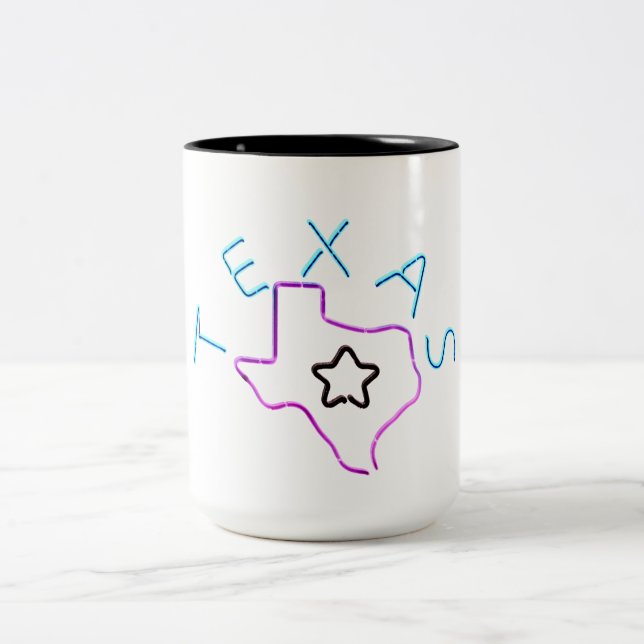 Texas in neon lights. Two-Tone coffee mug (Center)