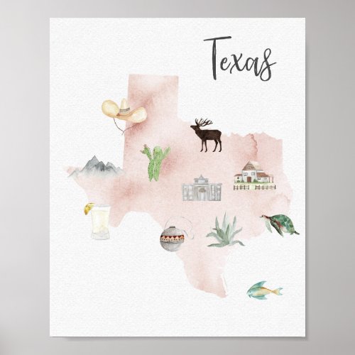 Texas Landmarks Tourist Map Poster