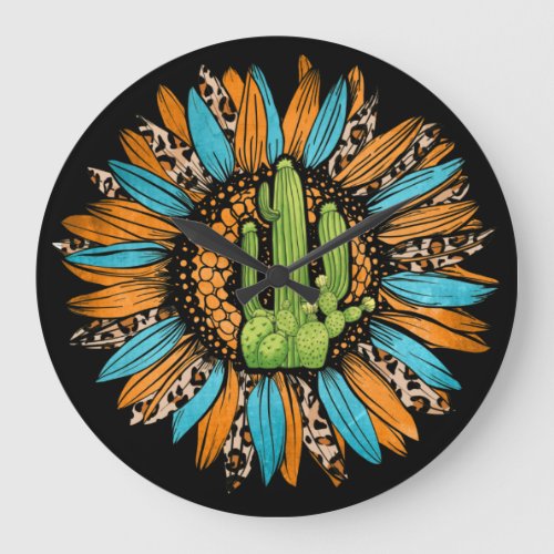 Texas Leopard Serape Cowhide Turquoise Sunflower Large Clock