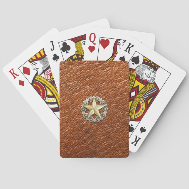 Texas Lone Star Concho on Brown Leather look Poker Cards (Back)