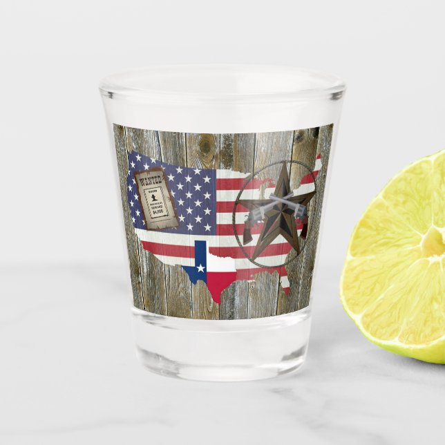 Texas Lone Star Dueling Pistols Most Wanted Sign Shot Glass (Front)