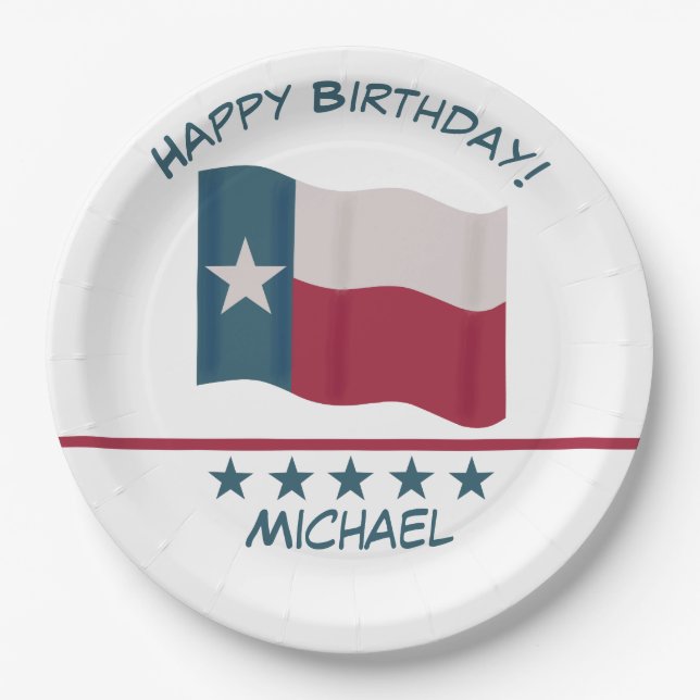 Texas Lone Star Flag Name Personalize Birthday Paper Plates (Front)