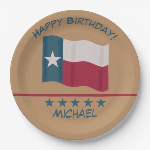 Texas Lone Star Flag Tan Name Personalize Birthday Paper Plates