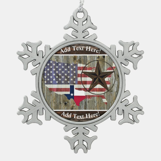 Texas Lone Star State Flag Map Snowflake Pewter Ch Christmas Ornament (Front)
