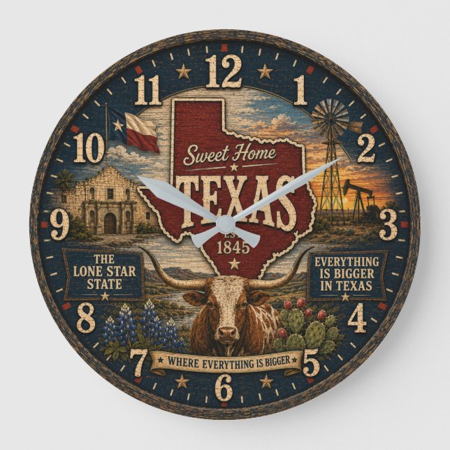 Texas  Lone Star State RusticGift for Home Ranch Large Clock (Front)