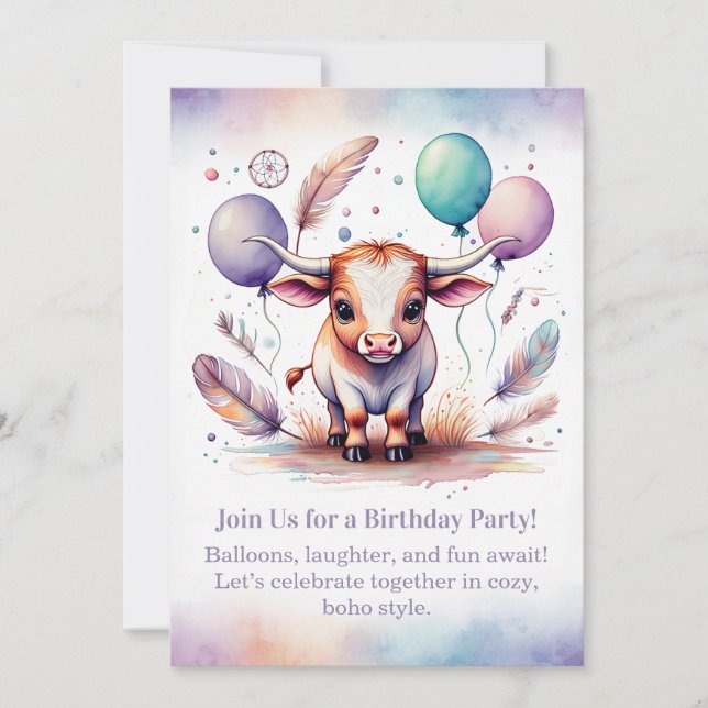 Texas Long Calf Birthday Invitation Pastel Boho  (Front)