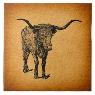 Texas Longhorn Bull Rustic Vintage Western Art Ceramic Tile
