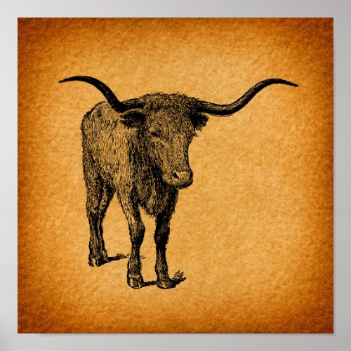 Texas Longhorn Bull Rustic Vintage Western Art Poster