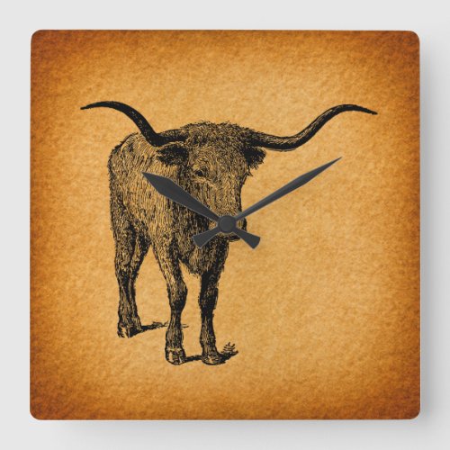 Texas Longhorn Bull Rustic Vintage Western Art Square Wall Clock