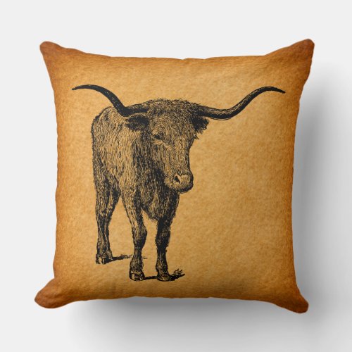 Texas Longhorn Bull Rustic Vintage Western Art Throw Pillow