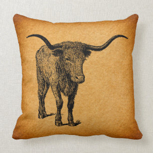 Texas Longhorn Bull Rustic Vintage Western Art Throw Pillow