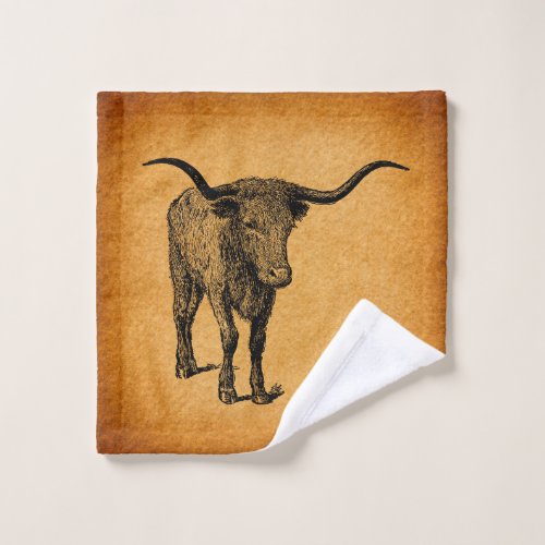 Texas Longhorn Bull Rustic Vintage Western Art Wash Cloth