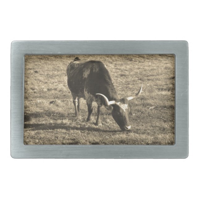 Texas Longhorn Cattle Cow  Photo Rustic Belt Buckle (Front)