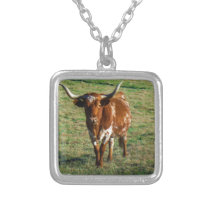 Texas Longhorn Cattle Cow  Photo Rustic Silver Plated Necklace
