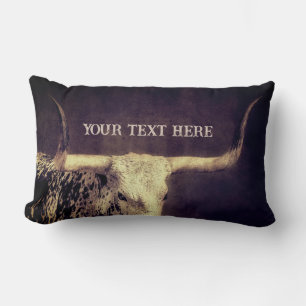 Texas Longhorn cow distressed add your text brown Lumbar Pillow