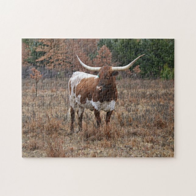 Texas Longhorn Cow in Fall Meadow Farm Style Art Jigsaw Puzzle (Horizontal)
