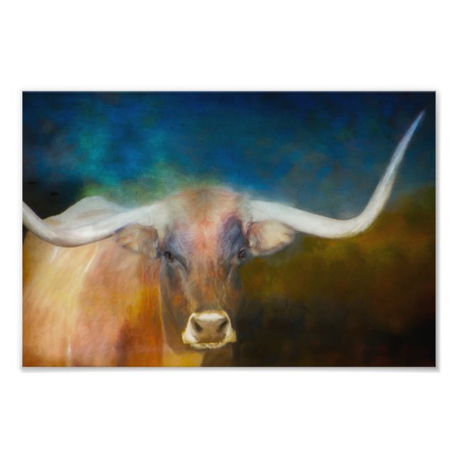 Texas Longhorn cow photography blue and rust  Photo Print (Front)