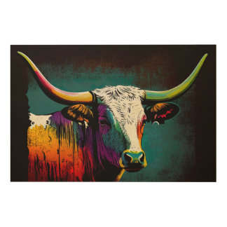 Texas Longhorn Cow Pop Art Wood Art
