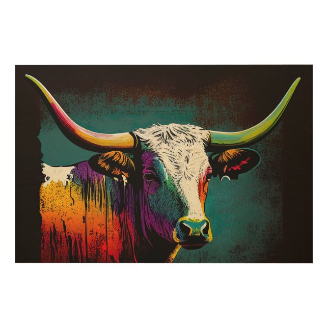 Texas Longhorn Cow Pop Art Wood Art (Front)