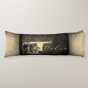 Texas Longhorn cow sepia distressed add your text Body Pillow
