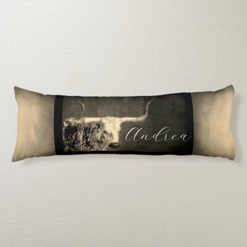 Texas Longhorn cow sepia distressed add your text  Body Pillow